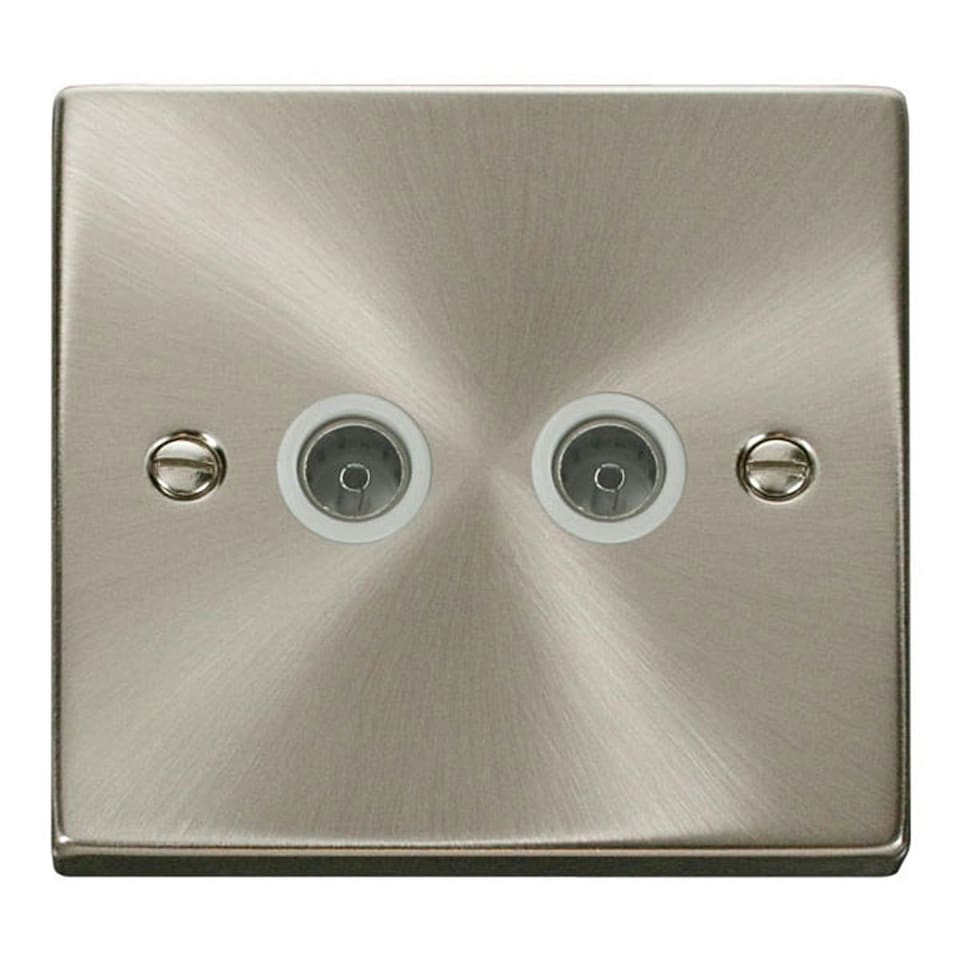 image 1 of SE HOME Satin / Brushed Chrome 2 Gang Twin Coaxial TV Socket White | Satin Chrome