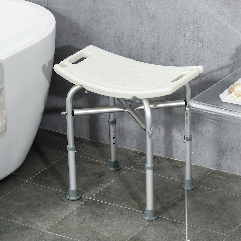 image 1 of HOMCOM Aluminium Shower Stool for Elderly, Height Adjustable Shower Seat with Removable Padded Cushion, Shower Head Holder, Non-Slip Bath Stool for Seniors, Disabled, Pregnant, White