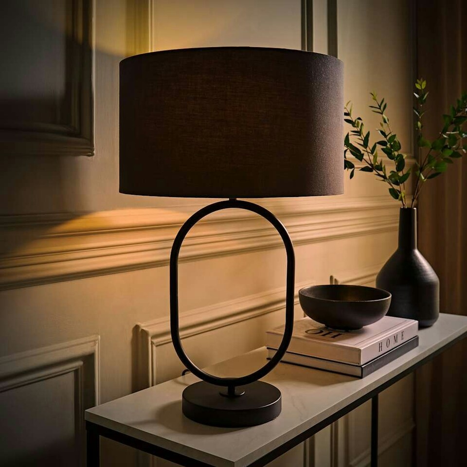 image 1 of ValueLights Antonia Charcoal Fabric Drum Lamp Shade Matte Black Oval Table Lamp | Black