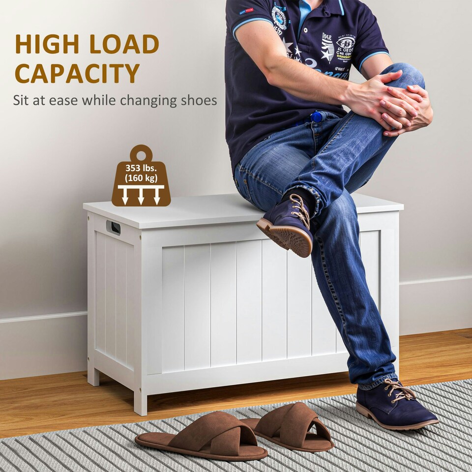 image 1 of HOMCOM Storage Chest with 2 Safety Hinges, Modern Storage Bench, White