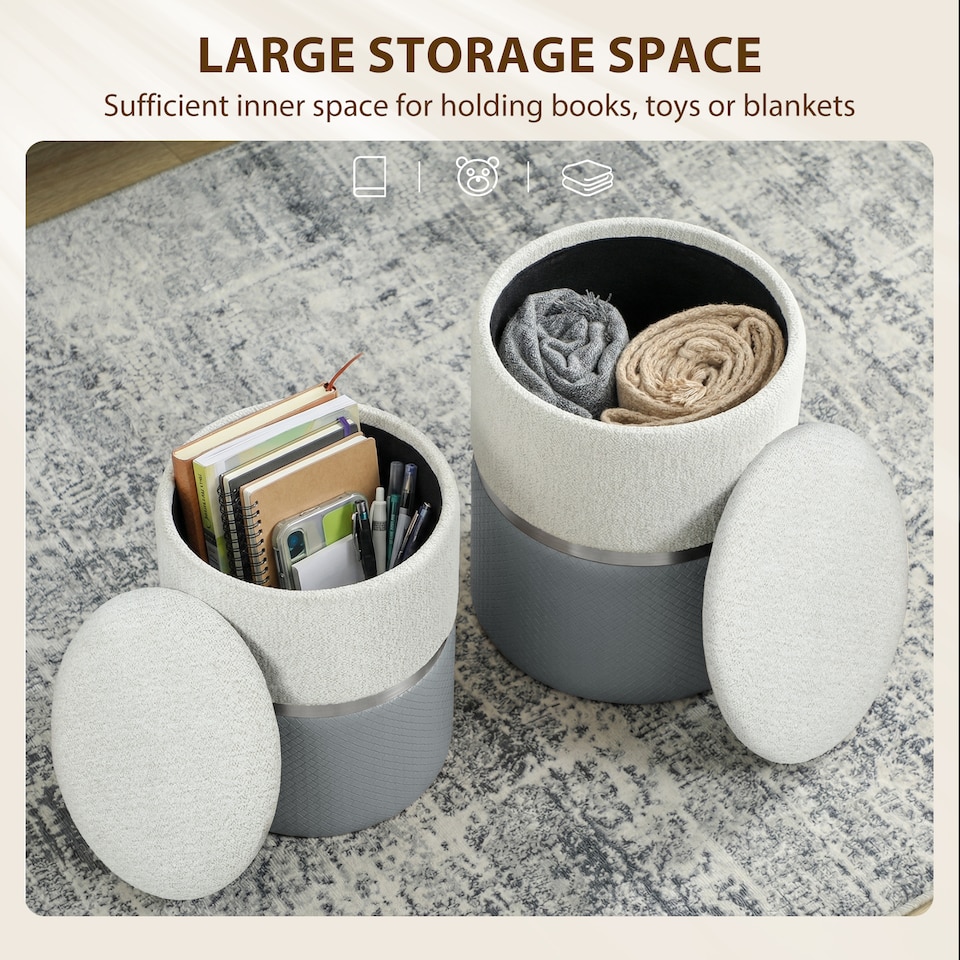 image 1 of HOMCOM Round Storage Ottoman Set of 2, Nesting Footrest Stool | Grey | Cream and grey | Φ36 x 45H cm (large), Φ31.5 x 39H cm (small)