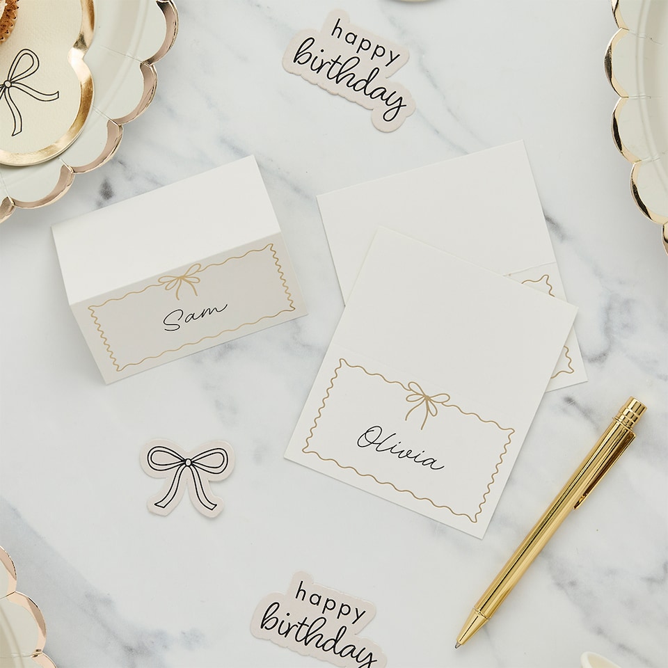 image 1 of Gold Foiled Scalloped Edge Bow White Paper Place Cards - Pack of 8