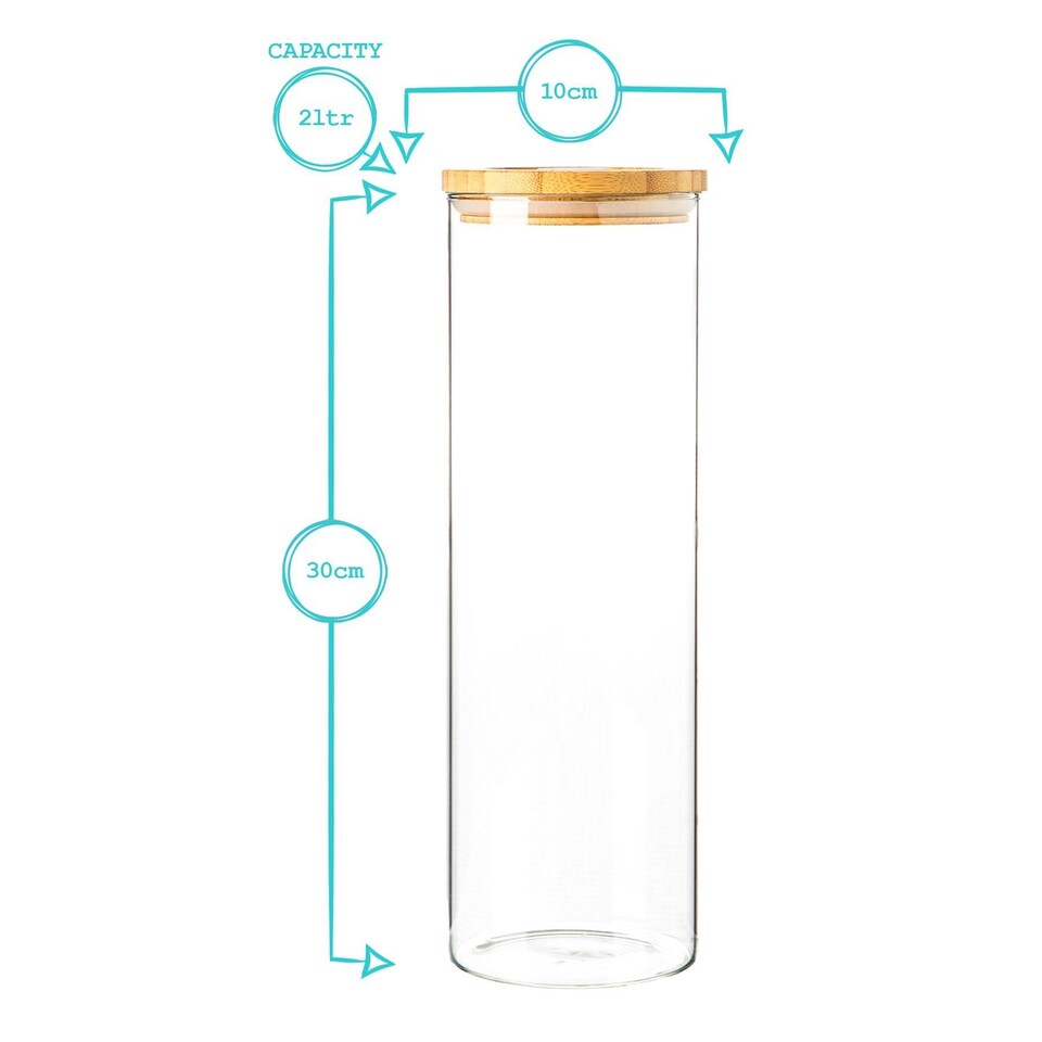 image 1 of Argon Tableware Glass Storage Jar - Carved Wood Lid - 2 Litre - Modern Round Scandi Organisation Container Glass Jar