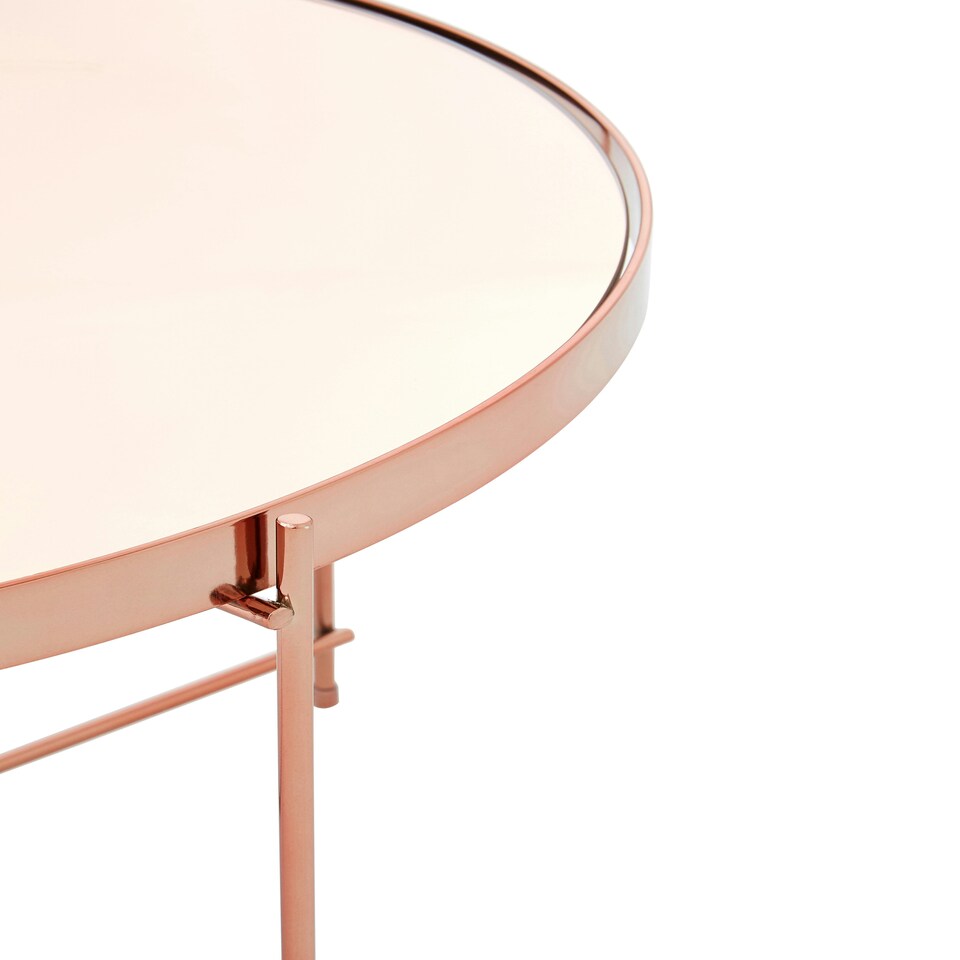 image 1 of Large Pink Mirror Side Table,Round Table With Rose Gold Lattice Base, End Table With Chromed Metal Legs