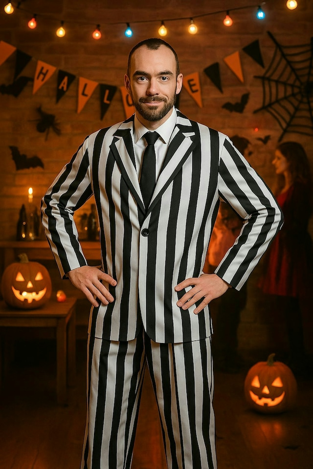 image 1 of Men's Black and White Striped Suit Costume | Multi | XL