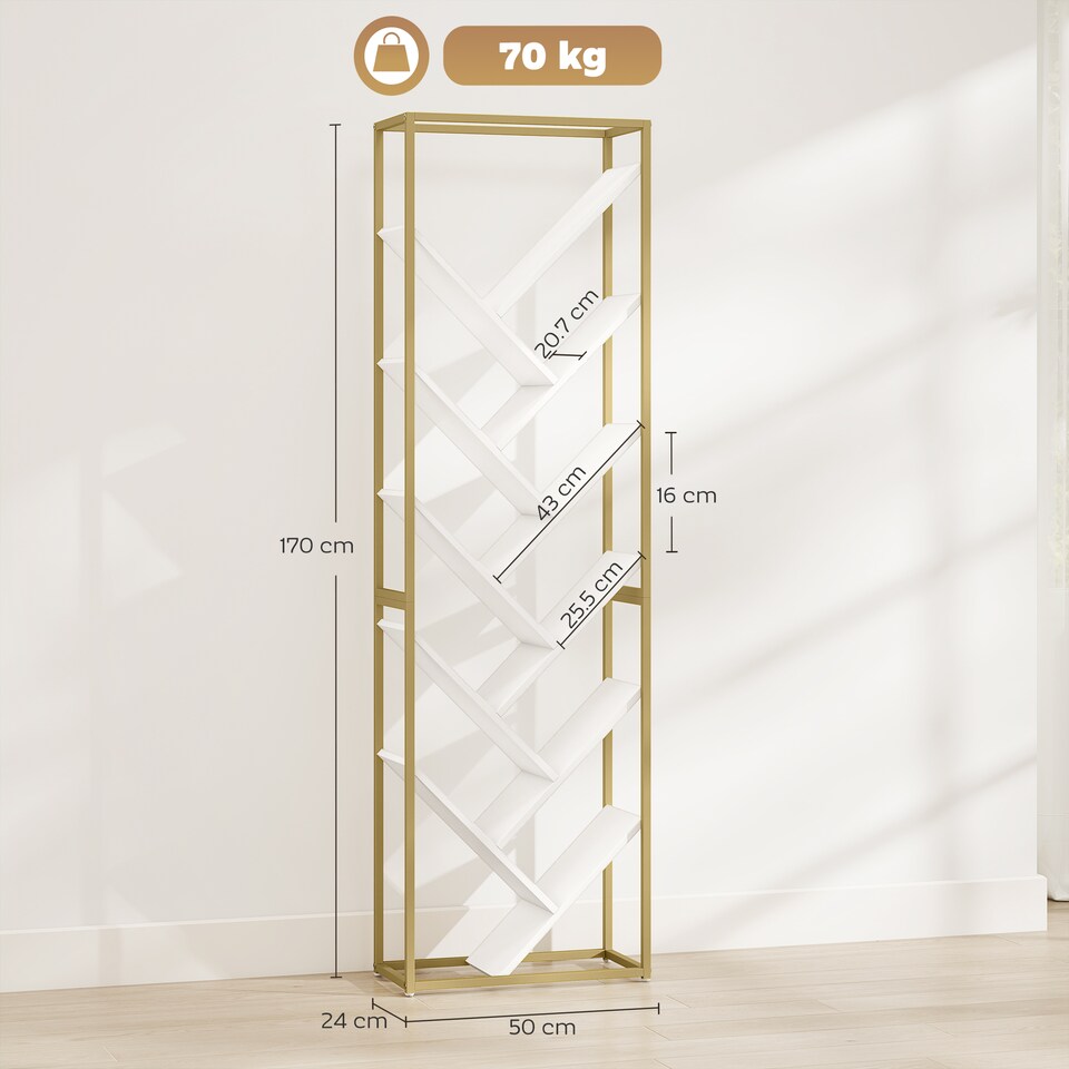 image 1 of HOMCOM Tree Bookshelf, 10 Tier Floor Standing Bookcase, Modern Tall Display Storage Shelving Unit for Living Room, Home Office, Bedroom, White and Gold Tone | White | White and Gold Tone