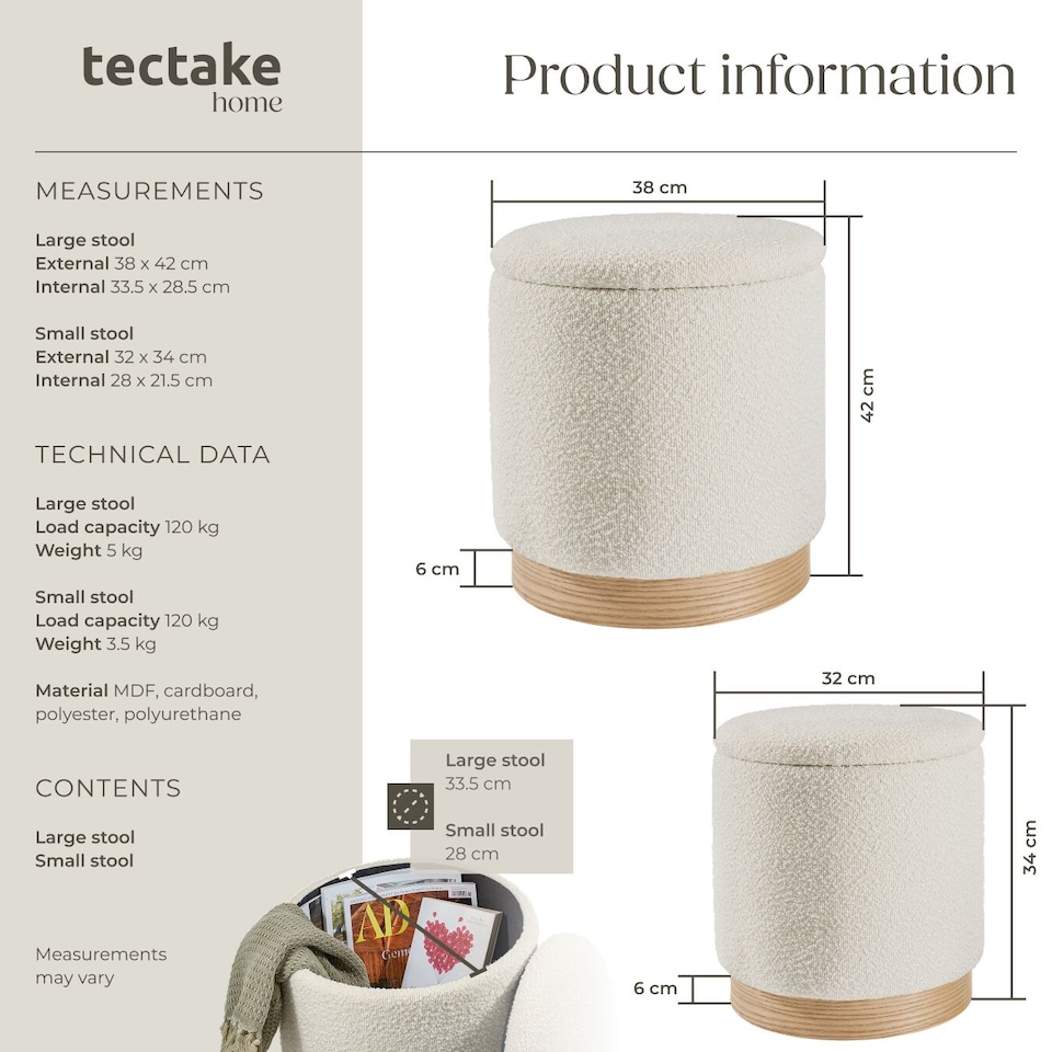 image 1 of Stools Orchid Set of 2 - padded, boucle cover footstools, large storage space