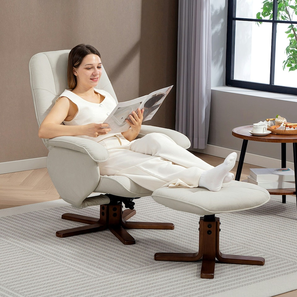 image 1 of HOMCOM Swivel Recliner Chair with Footstool and Wooden Base, Beige Cream