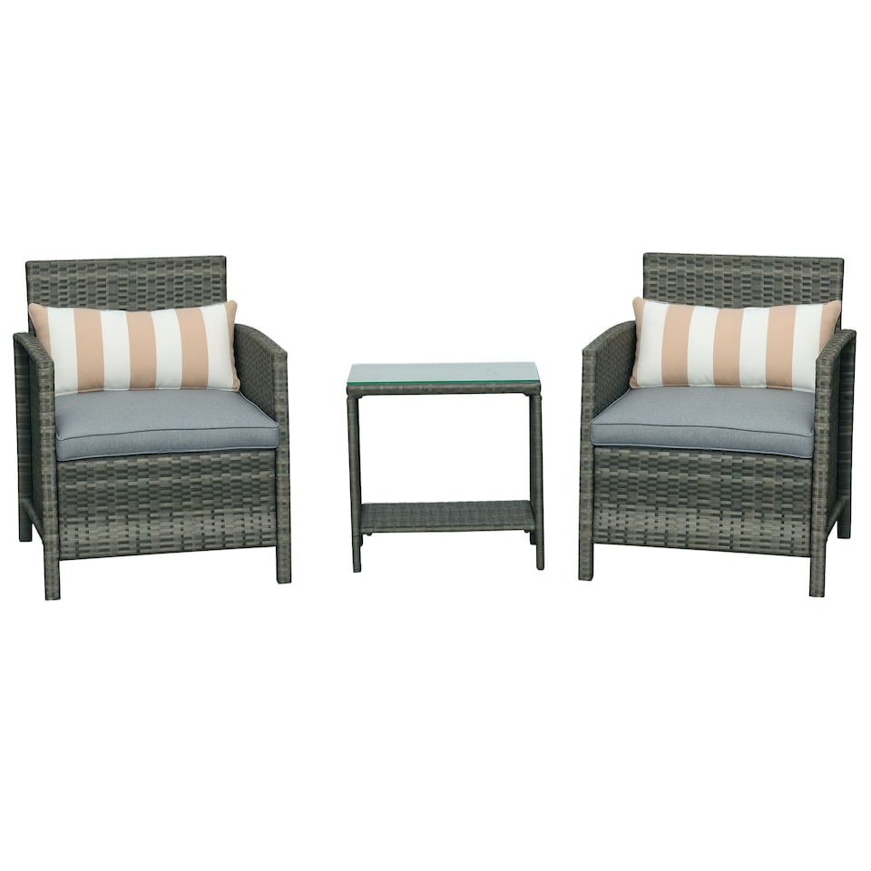 image 1 of Outsunny 3 Pieces Rattan Bistro Set, Wicker Garden Furniture Set, Glass Top 2 tier Coffee Table and Chairs Set with Pillows and Washable Cushions for Outdoor, Patio, Balcony, Grey