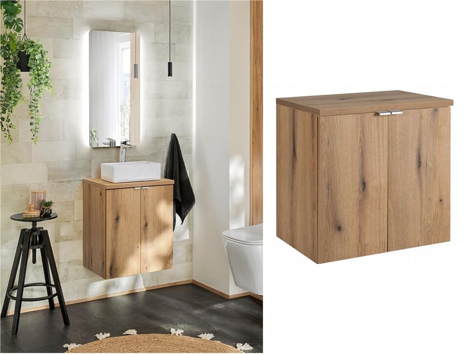 image 1 of Bathroom Vanity Unit Cabinet Wall Hung 600mm Worktop Oak Storage Sink Unit Nova