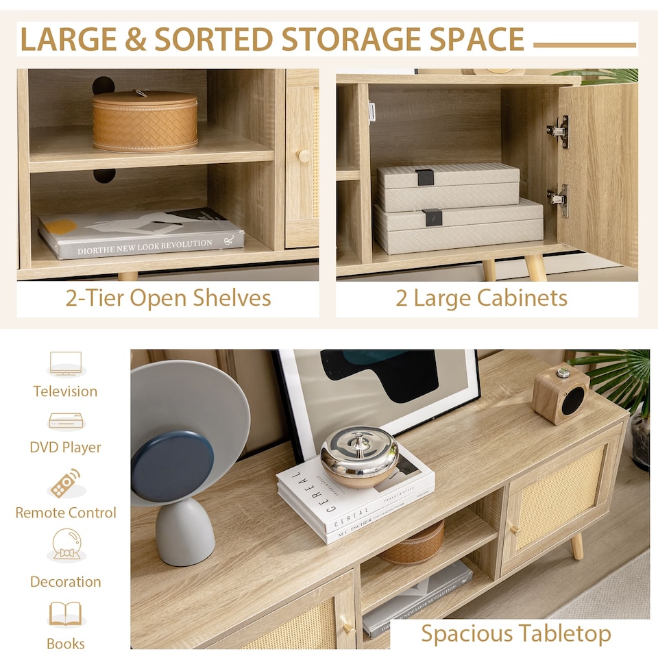 image 1 of COSTWAY TV Stand for TVs up to 55 Inch Rattan Media Console Table