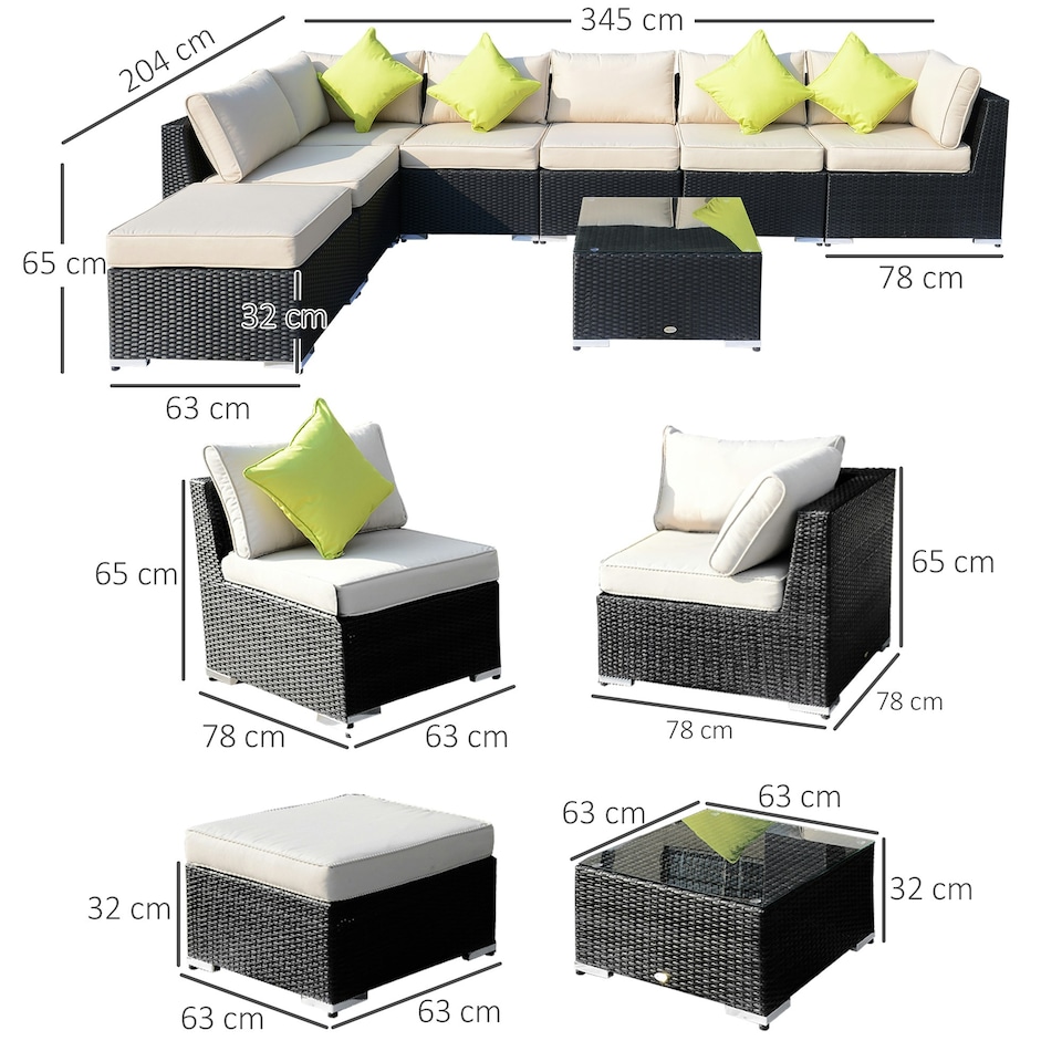 image 1 of Outsunny 8pc Rattan Sofa Garden Furniture Aluminium Outdoor Patio Set Black