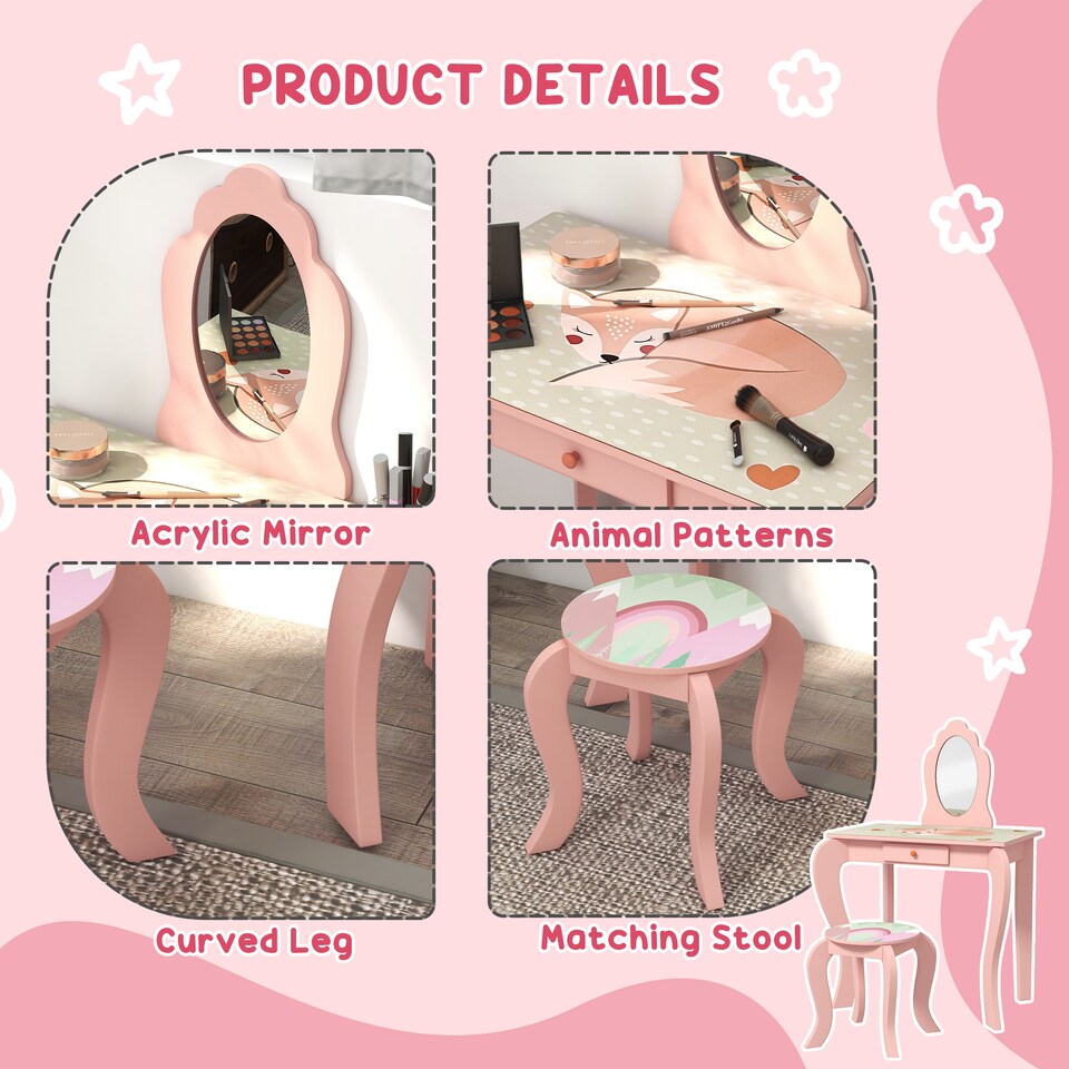 image 1 of ZONEKIZ Kids Dressing Table with Mirror and Stool, Girls Vanity Table Makeup Desk with Drawer, Cute Animal Design, for Ages 3-6 Years, Pink