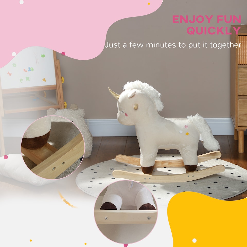 image 1 of AIYAPLAY Rocking Horse, Kids Ride On Horse with Unicorn Design, Sounds, Plush Ride On Toy for Ages 2-4 Years, White