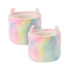OHS 2 Pack Tie Dye Storage Basket Soft Faux Fur Fleece Laundry Clothes Toys Organiser Hamper With Handles | Multi