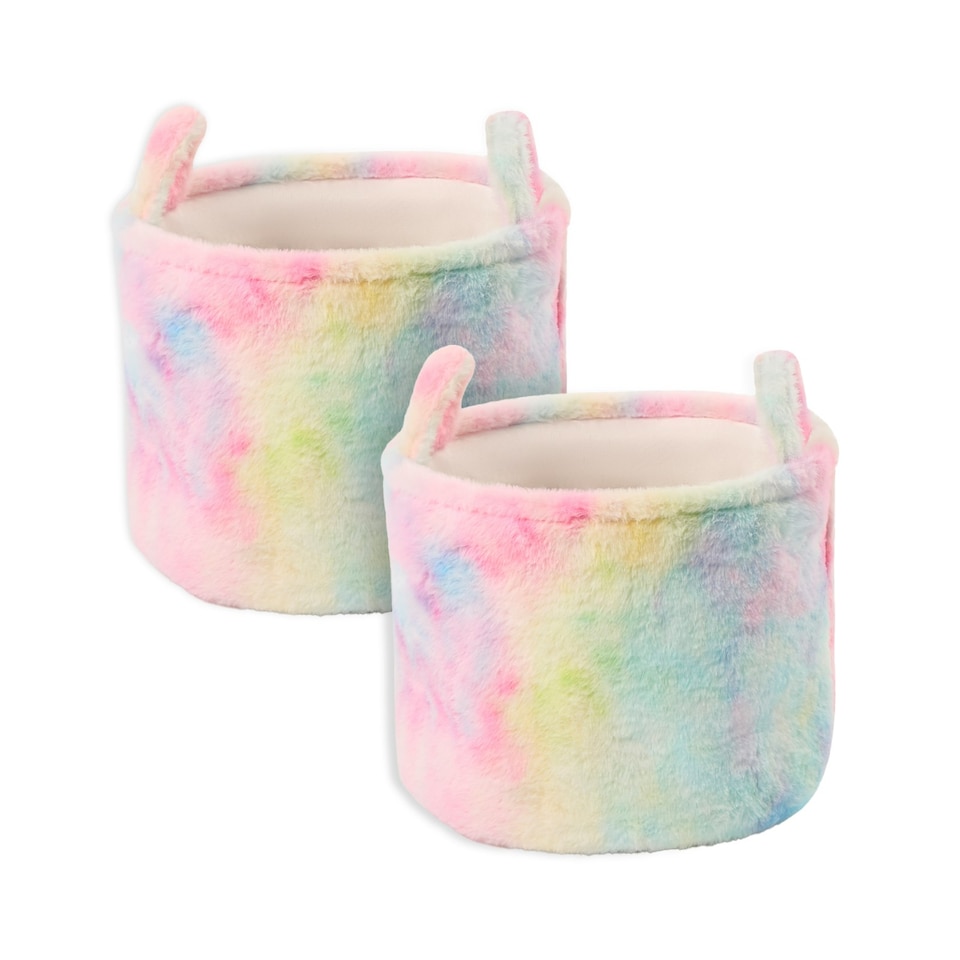 image 1 of OHS 2 Pack Tie Dye Storage Basket Soft Faux Fur Fleece Laundry Clothes Toys Organiser Hamper With Handles | Multi