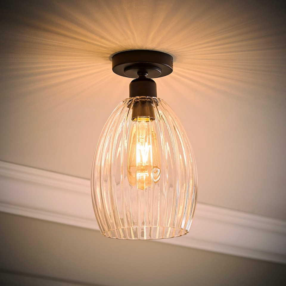 image 1 of ValueLights Cheltenham Black Flush Ceiling Light Ribbed Shade and Bulb