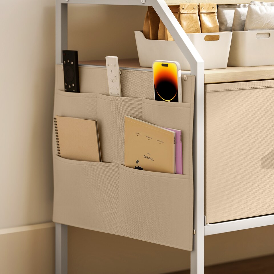 image 1 of HOMCOM TV Stand Cabinet, TV Unit for 55-inch TVs with 2 Foldable Fabric Drawers, 5 Divided Side Pockets, Open Shelves, Console Table for Living Room, Bedroom, Entertainment Room, Natural Wood Finish | Yellow