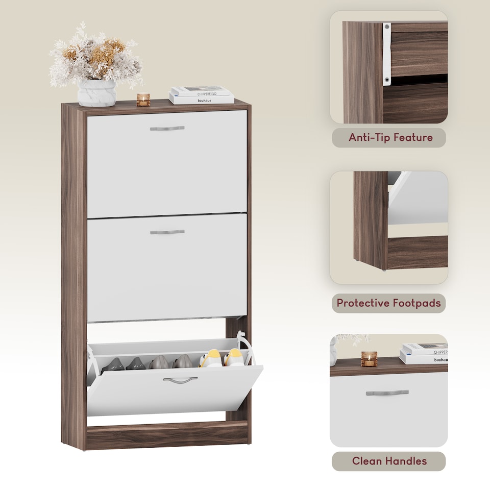 image 1 of Vida Designs 3 Drawer Shoe Cabinet Shoe Rack Storage Cupboard, Walnut & White