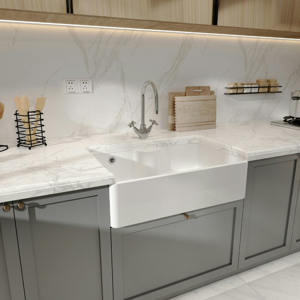 image 1 of 795mm - Single Bowl Fireclay Butler Kitchen Sink - Tap Ledge, Overflow & Waste