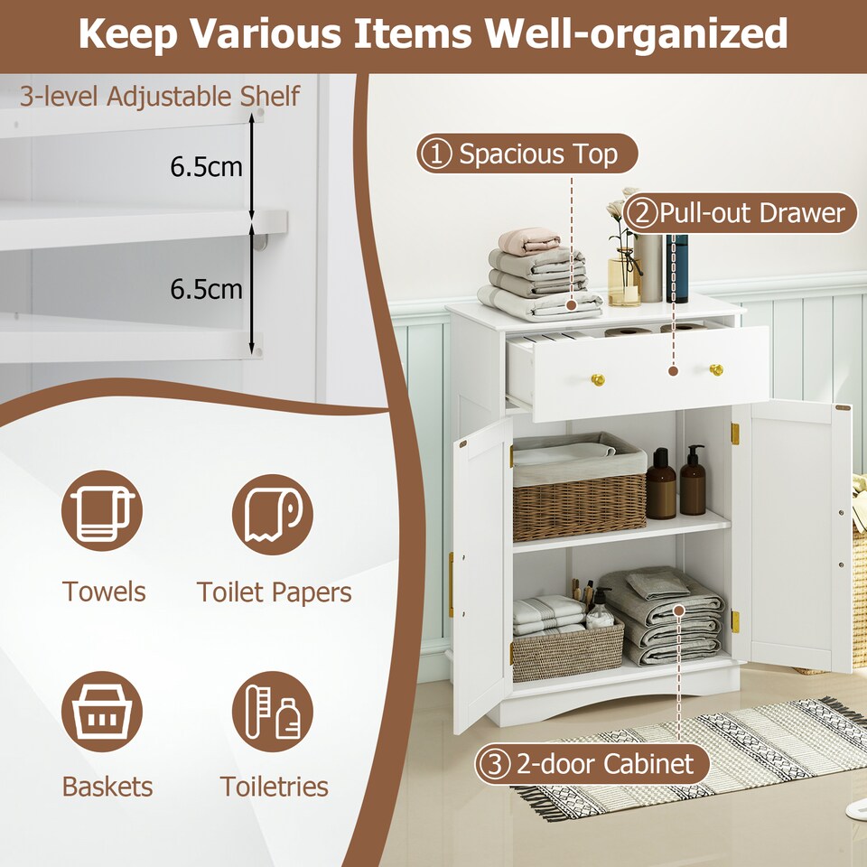 image 1 of COSTWAY Floor Storage Cabinet Buffet Sideboard with Drawer-White