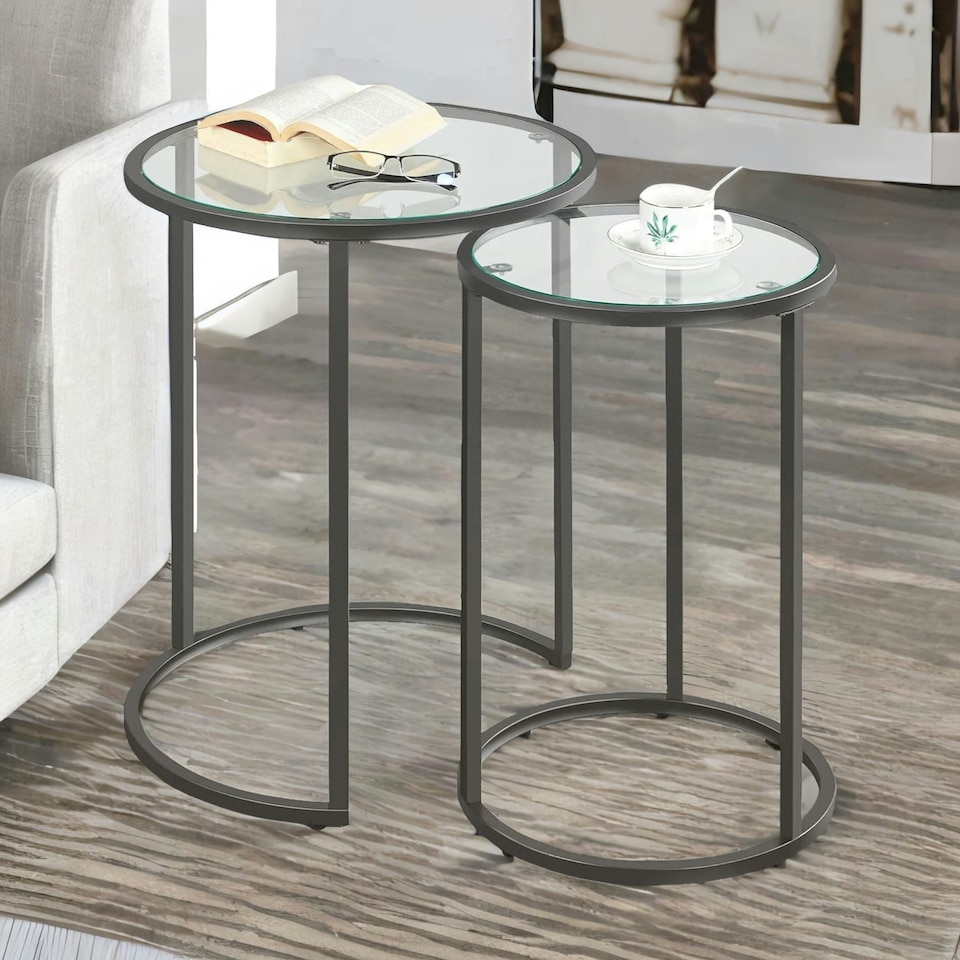 image 1 of Set Of 2 Round Nesting Coffee Tables With Tempered Glass Top Black Black