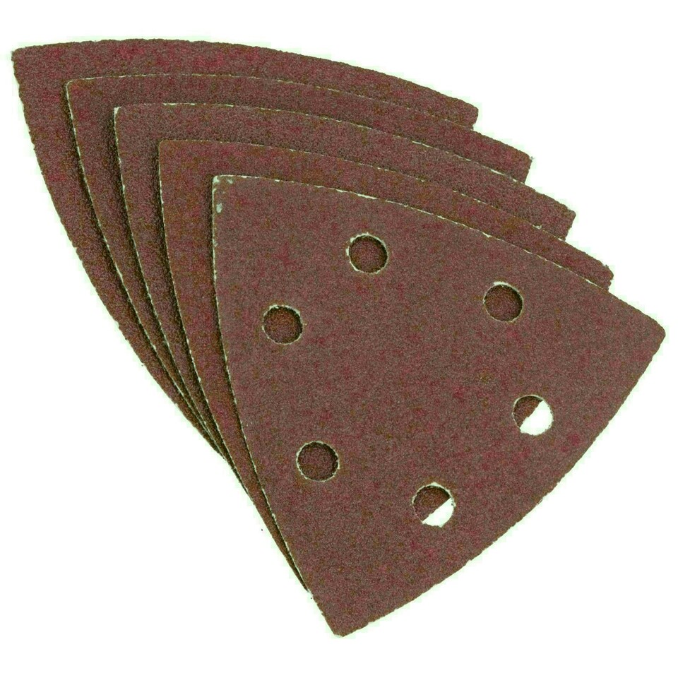 image 1 of Hook Loop Delta Sanding Abrasive Discs Pads 93mm Triangle 80 Grit Medium 5pc
