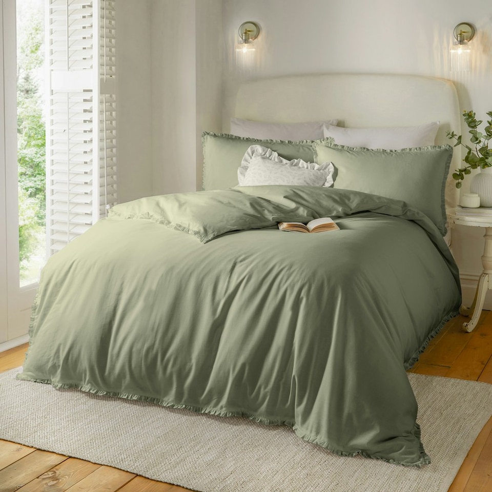 image 1 of Wylder Tilly 100% Cotton Ruffle Double Duvet Cover Set Green | Double