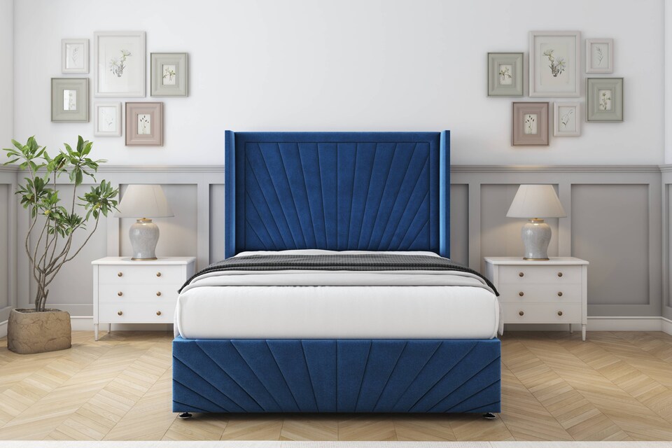 image 1 of Sloomy Rutherford Navy Plush Divan Bed Base No Drawers With 54 Inch Wingback Headboard & 12 Inch Matching Footboard | Blue | Navy | Small Single | 1