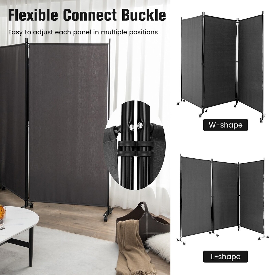 image 1 of COSTWAY 3 Rolling Privacy Screens Freestanding Panel Room Divider on Wheels Grey