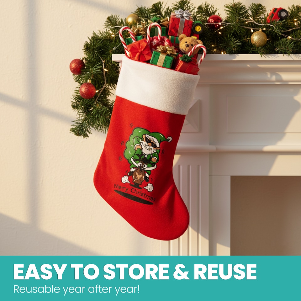 image 1 of Red Velvet Christmas Stocking Santa & Reindeer Design for Gift