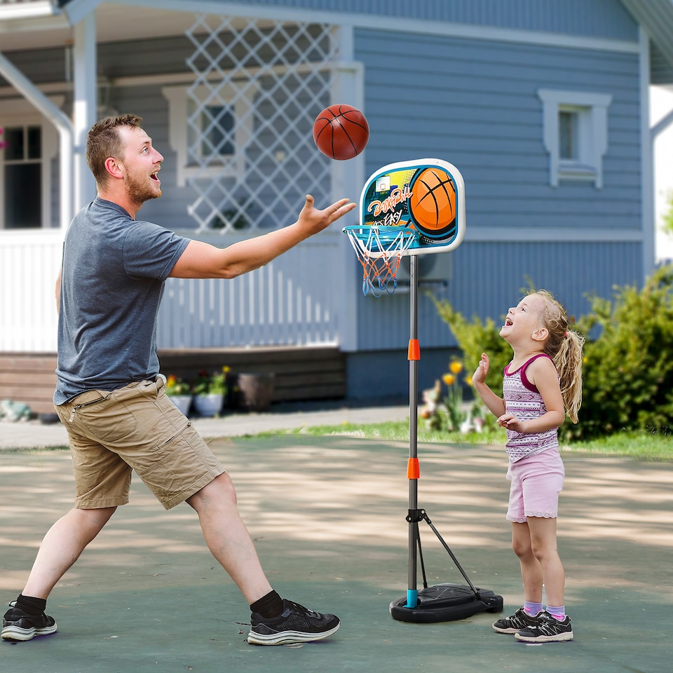 image 1 of HOMCOM 3 Pcs Kids Basketball Set w Hoop Ball Pump Height Fillable Base 3-8 Yrs