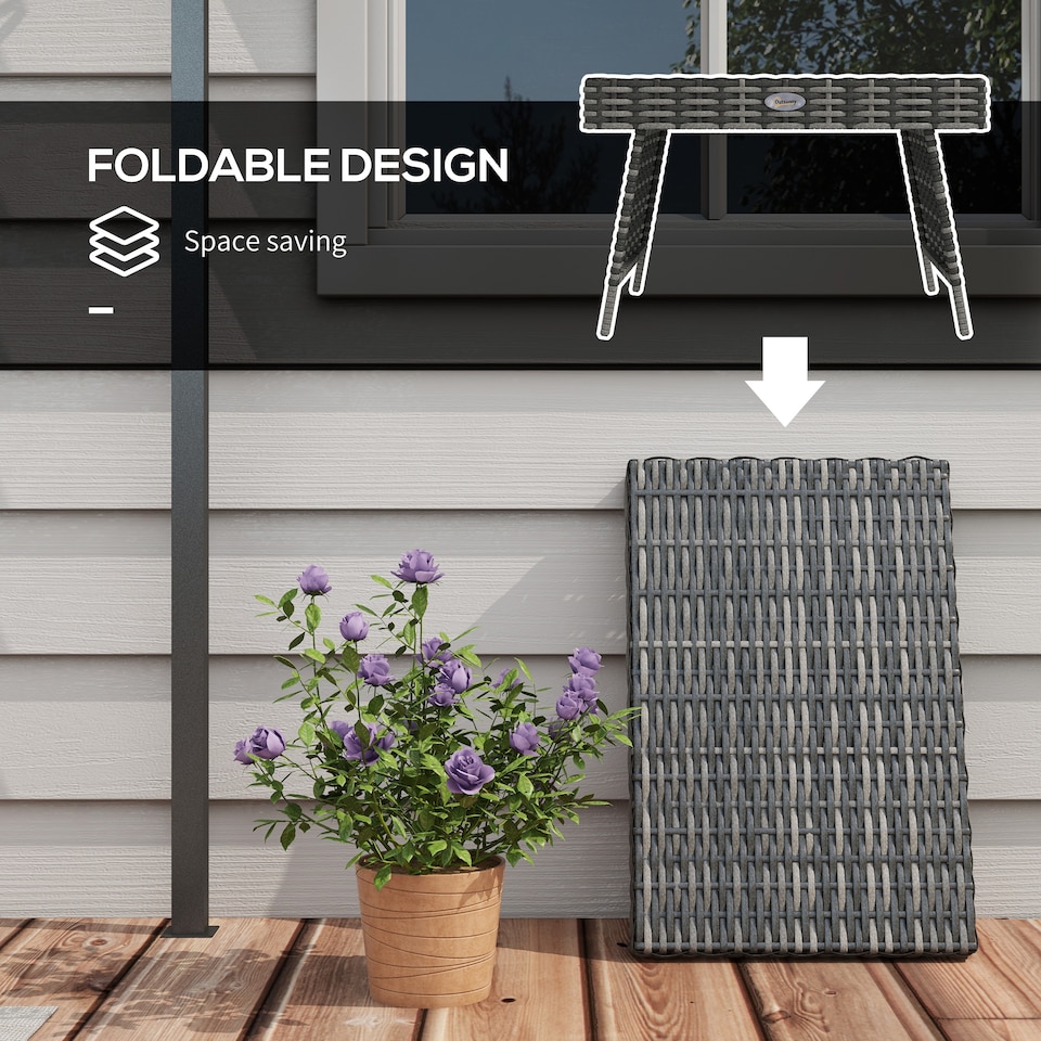 image 1 of Outsunny Foldable Outdoor Side Table, Rattan Garden Coffee Table with Steel Frame, Space Saving Bistro Garden Furniture for Patio, Balcony, 60 x 41 x 41 cm, Mixed Grey