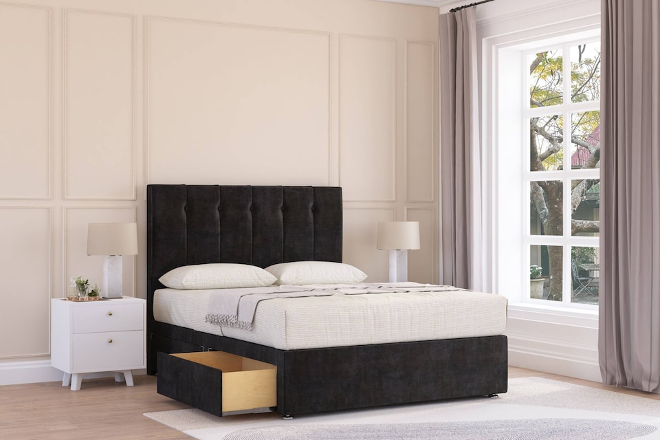 image 1 of Sloomy Highbury Black Plush Divan Bed With Mattress 2 Drawers Same Side With 54" Floor Standing Headboard 5' King | Black | Black | King | 1