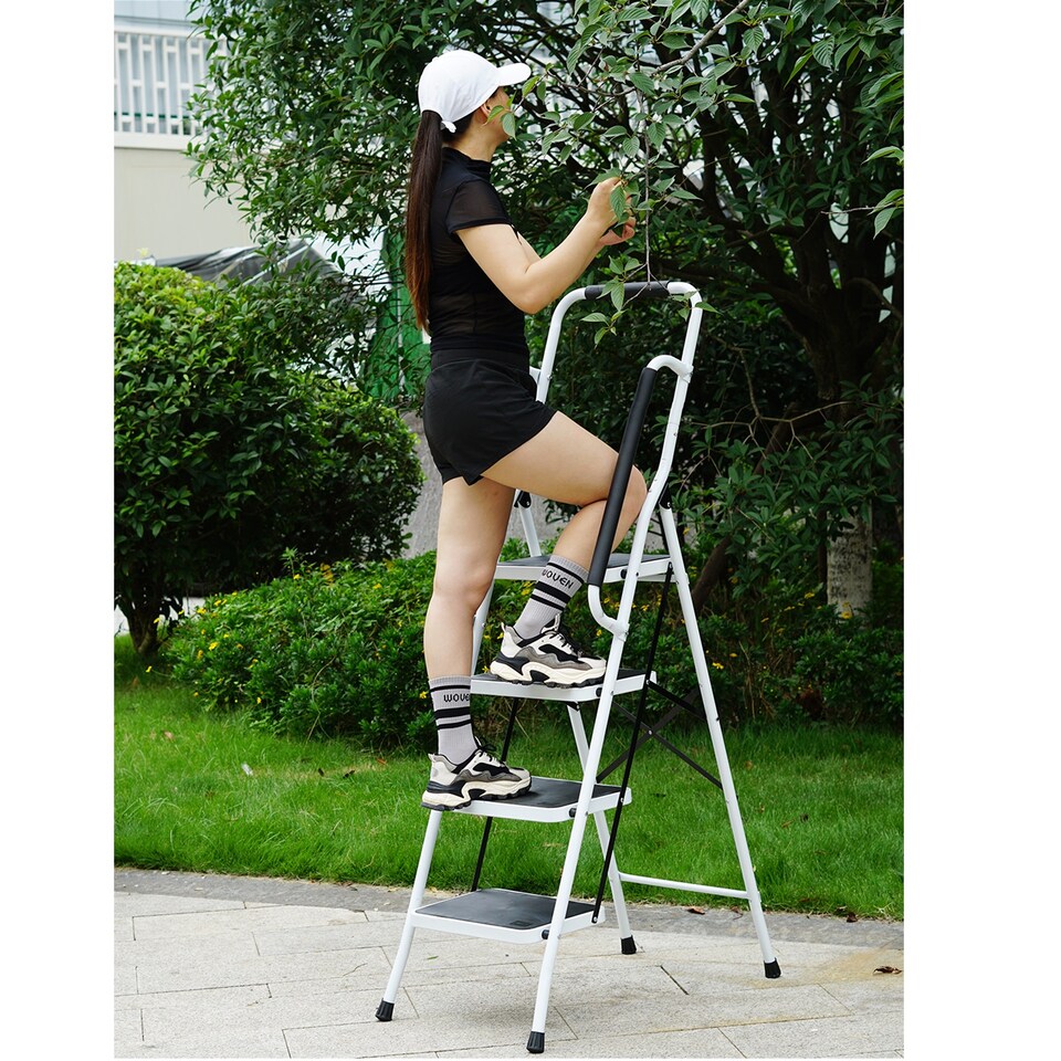 image 1 of Gr8 Home 4 Step Ladder Folding Stool Non Slip Tread Steel Foldable Home DIY With Handrail