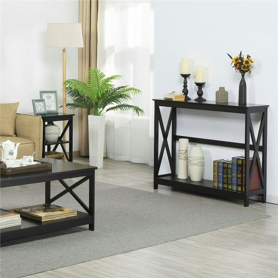 image 1 of Yaheetech  2-Tier Narrow Sofa Table with X-Shape Enforcement Structures