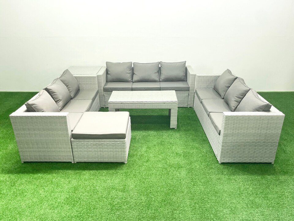 image 1 of Fimous Rattan Garden Outdoor Furniture Set 10 Seater Garden Sofa Oblong Coffee Table Set with Big Footstool Side Table Light Grey Mixed