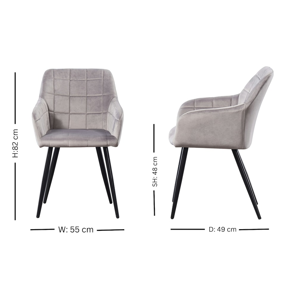 image 1 of Set of 6 Camden Modern Velvet Dining Chairs with Armrests, Quilted Design & Black Metal Legs Grey | Light Grey