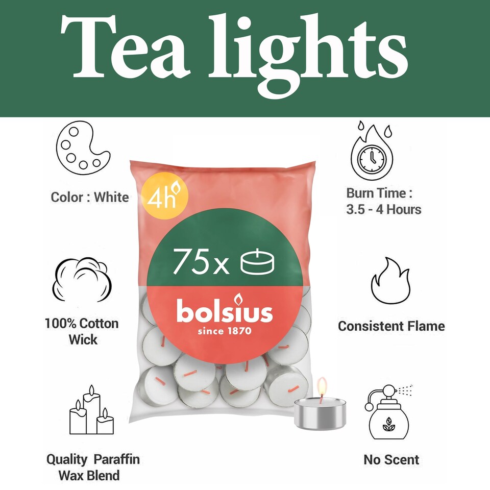 image 1 of Bolsius Tea Lights Pack of 75 White Unscented Decorative Ambient Candles