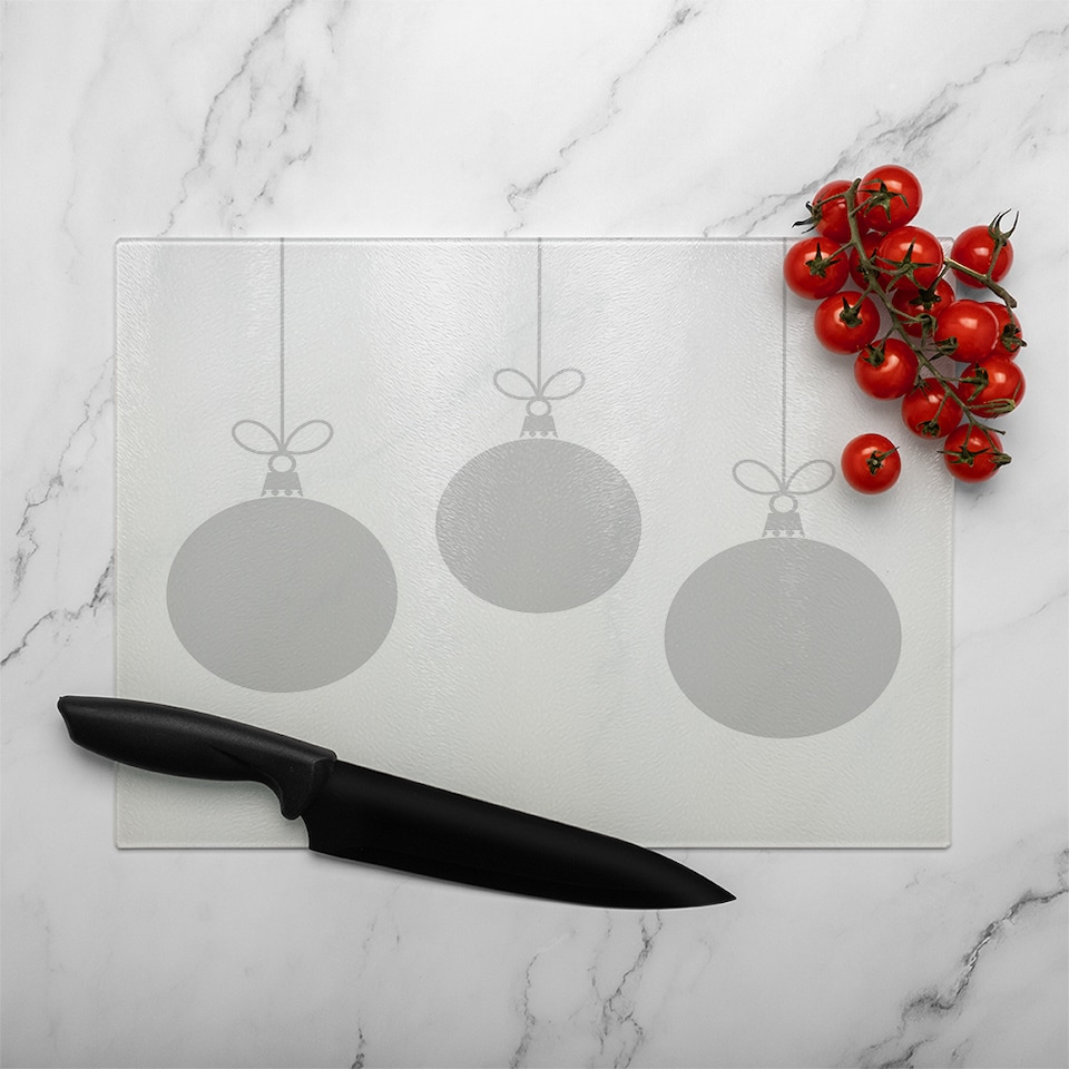 image 1 of Three Hanging Christmas Baubles Dining Glass Chopping Board | Multi