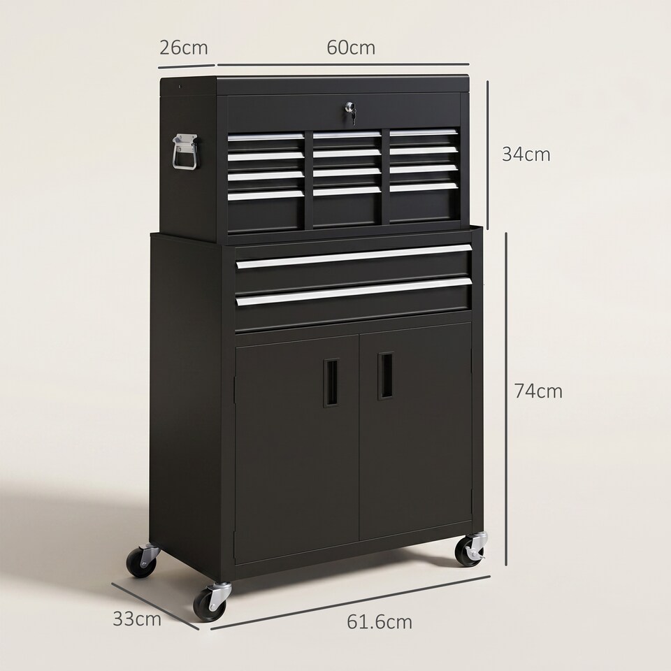 image 1 of HOMCOM Top Chest and Roller Cabinet Combo Metal Tool Cabinet on Wheels Black | Black