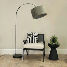 ValueLights Louis Black Arched Curved Floor Lamp with Grey Velvet Drum Lamp Shade and LED Bulb