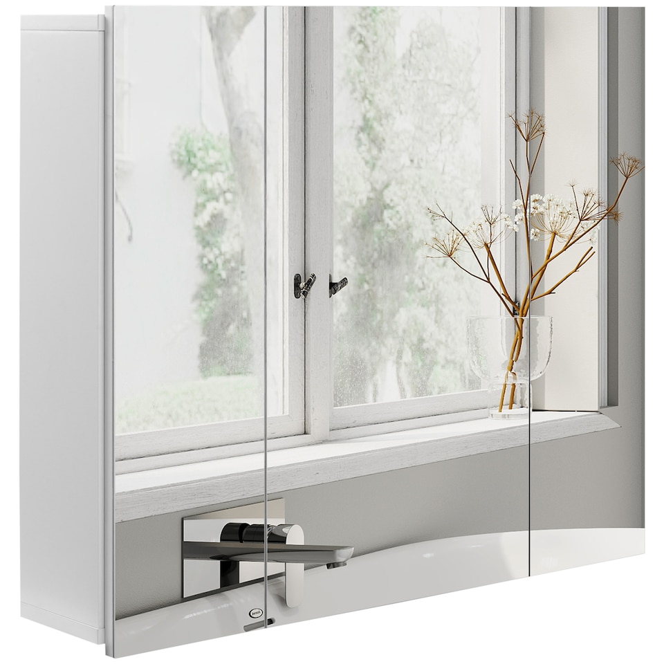 image 1 of kleankin Bathroom Medicine Cabinet with Mirror, Wall Mounted Bathroom Mirror Cabinet with 3 Doors, Adjustable Shelves, White | White | White