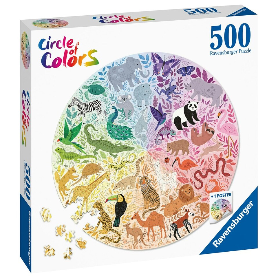 image 1 of Ravensburger Circle of Colours Animals 500 Piece Jigsaw Puzzle with Poster Age 10+