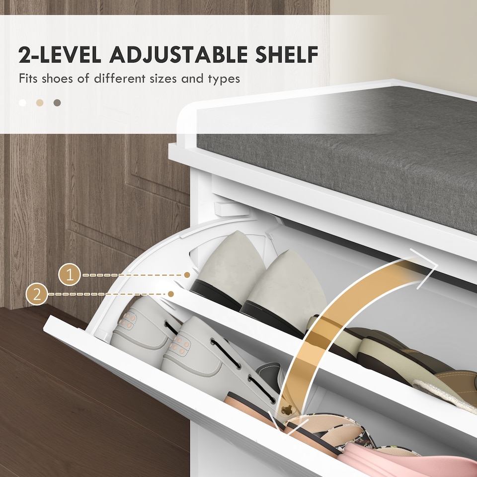 image 1 of HOMCOM Shoe Bench, Entryway Bench with Flip Drawer, Seating Cushion and Adjustable Shelf for 10 Pairs of Shoes for Hallway, White | White | White