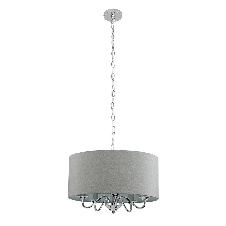 image 1 of ValueLights Rocha Modern Chrome 5 Way Curved Arm Grey Linen Slimline Drum Ceiling Light Pendant with LED Bulb