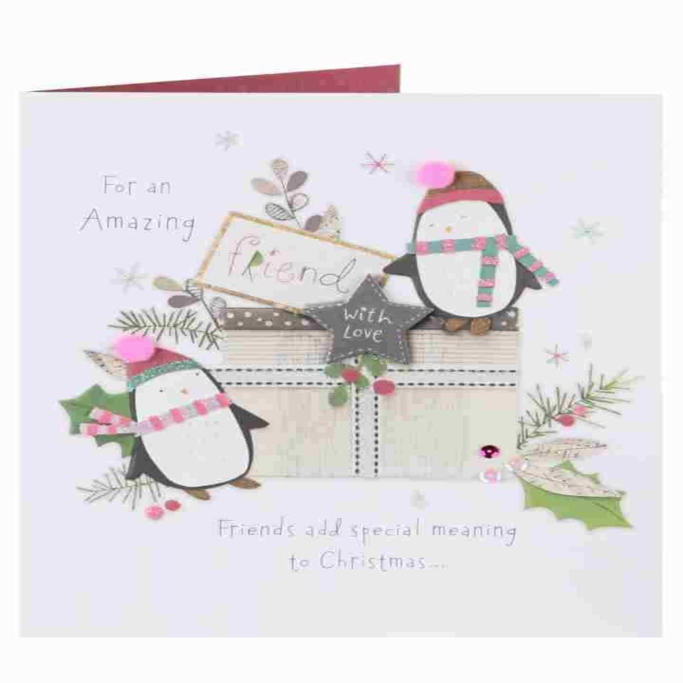 image 1 of Amazing Friend Cute Penguin Luxury Handmade Christmas Greeting Card