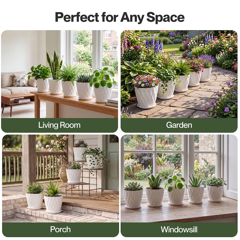 image 1 of TOQUE Plant Pots,5Pc 8 Inch Plant Pots Indoor,Drainage,PP Plastic,White