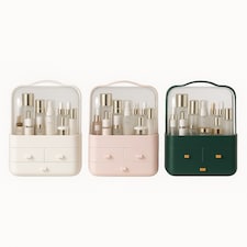 Neo Acrylic Makeup Organiser with Lid & Drawers Portable Dustproof Cosmetic Storage Box | Pink | Pink | 26.5 x 18.2 x 34.7cm | 1