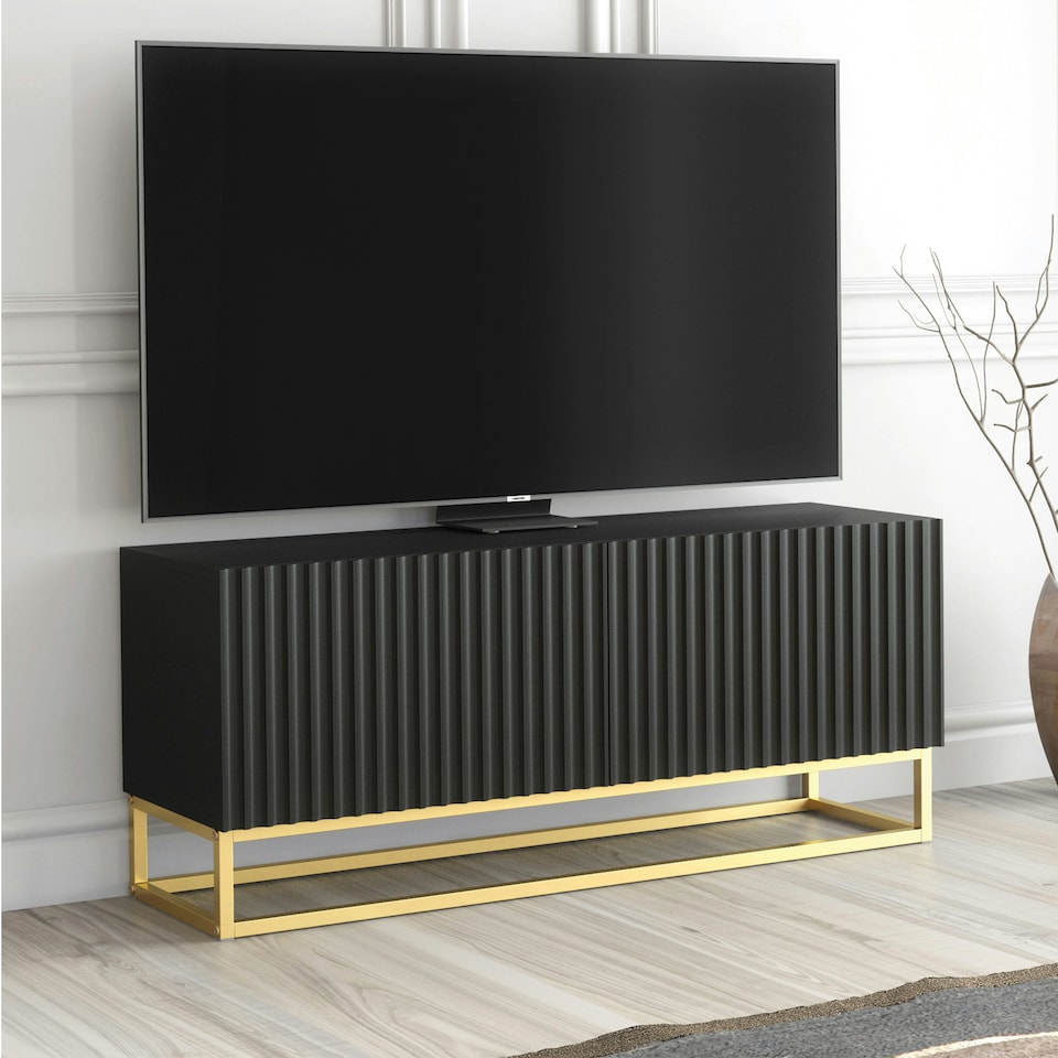 image 1 of TV Unit 100cm Black Matt Fluted Fronts with Gold Metal Base Black
